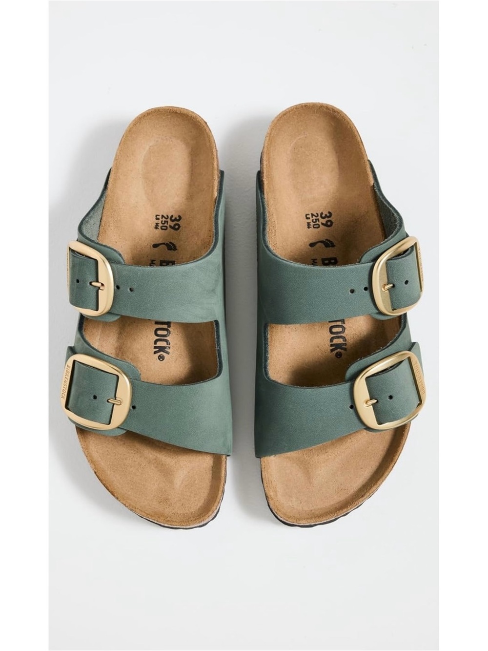 Birkenstock Double Strap Sandals in Sage Green with Gold Buckles